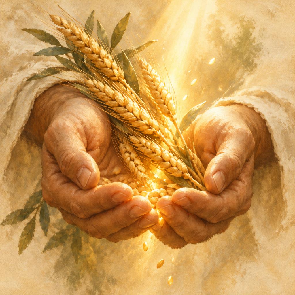 Open hands holding golden wheat in warm sunlight