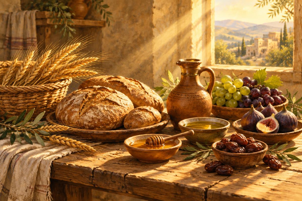 A warm table with bread, olive oil, honey, grapes and figs in golden light